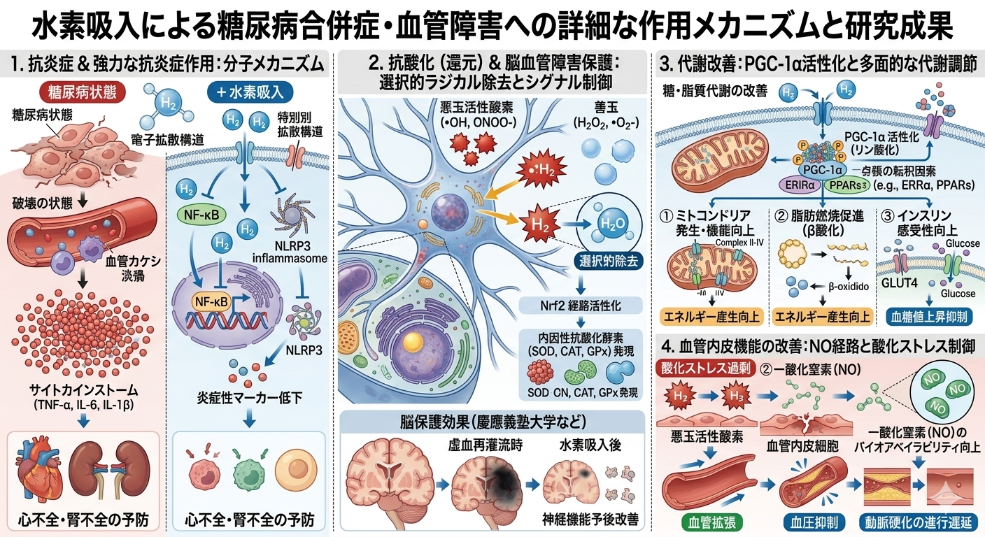 水素吸引による糖尿病合併症、血管障害への作用と研究成果